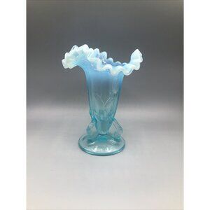 Vintage LG Wright Blue Opalescent Ruffled Glass Vase Twig Base